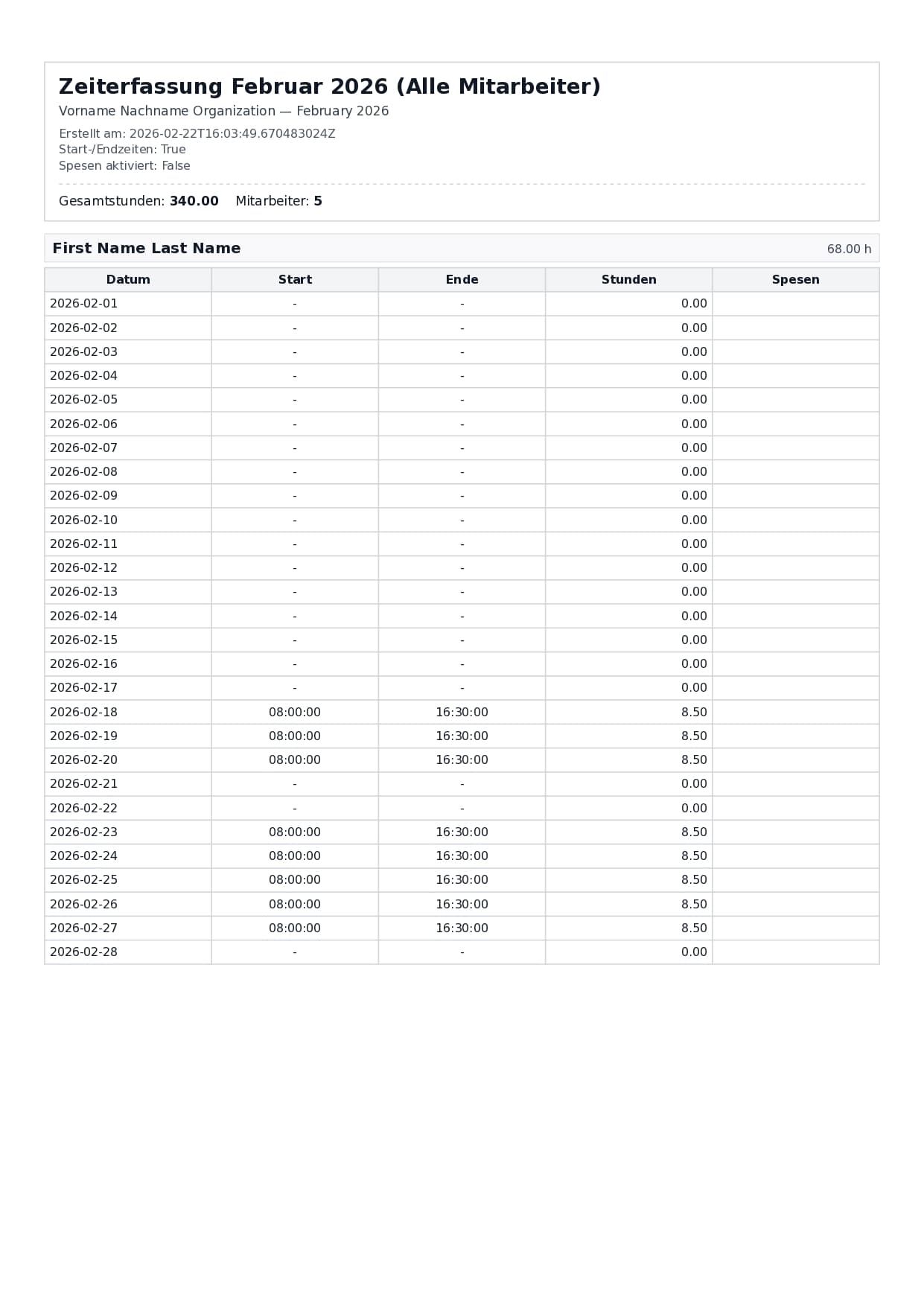 Zeiterfassung generated PDF